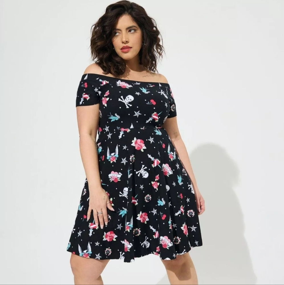 Torrid x Betsey Johnson OtS Skater Dress In Graphic Tattoo Print, Size 0X EUC